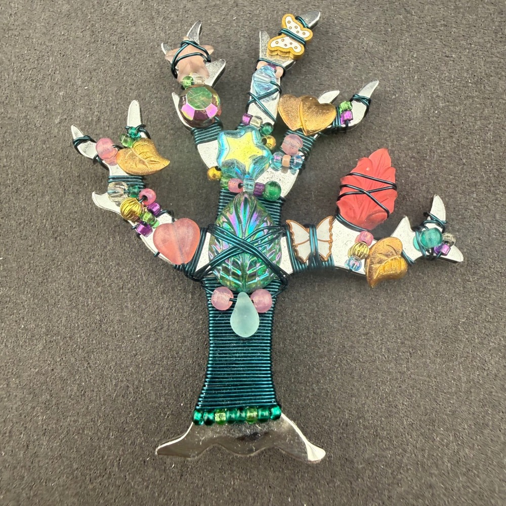 Vintage Signed Liztech Tree of Life Brooch Pin Artisan Wired Mirror Beaded